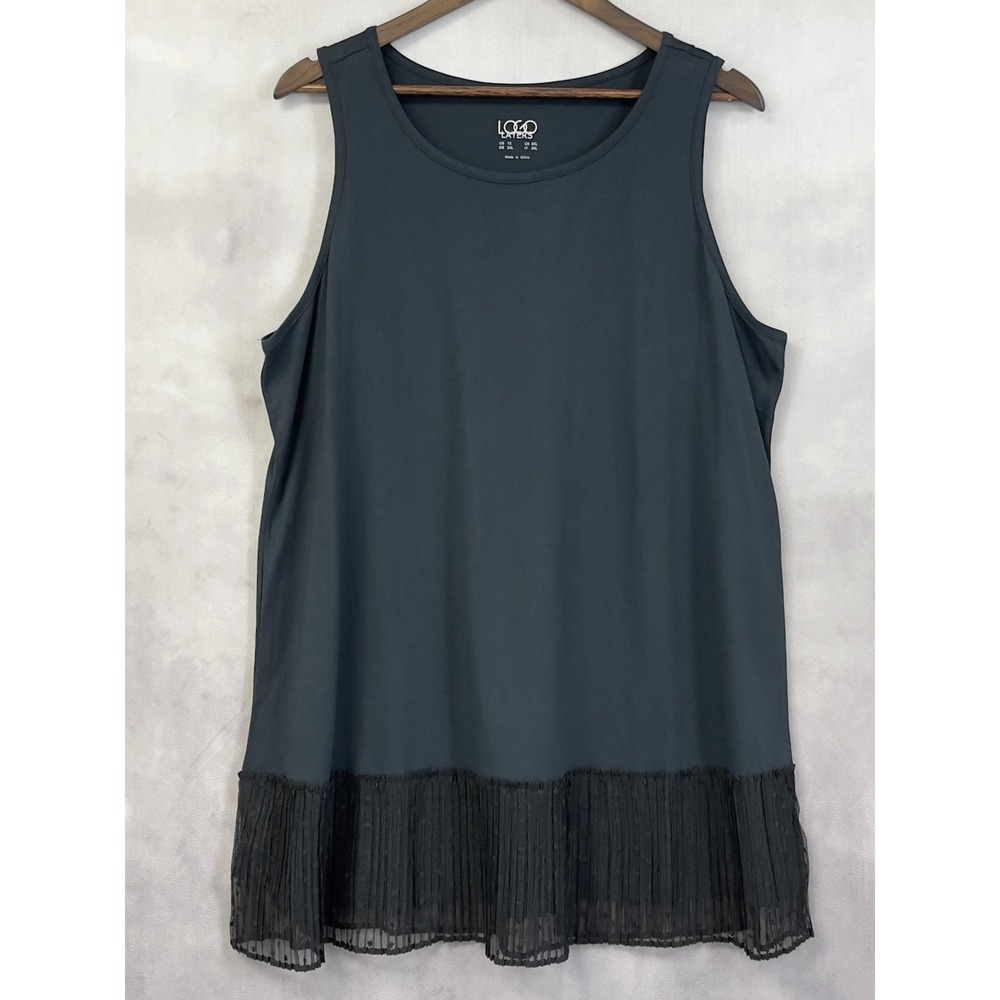 LOGO Layers Tank Top Women 1X Black Mesh Pleated‎ Hem Stretch Minimalist Indie
